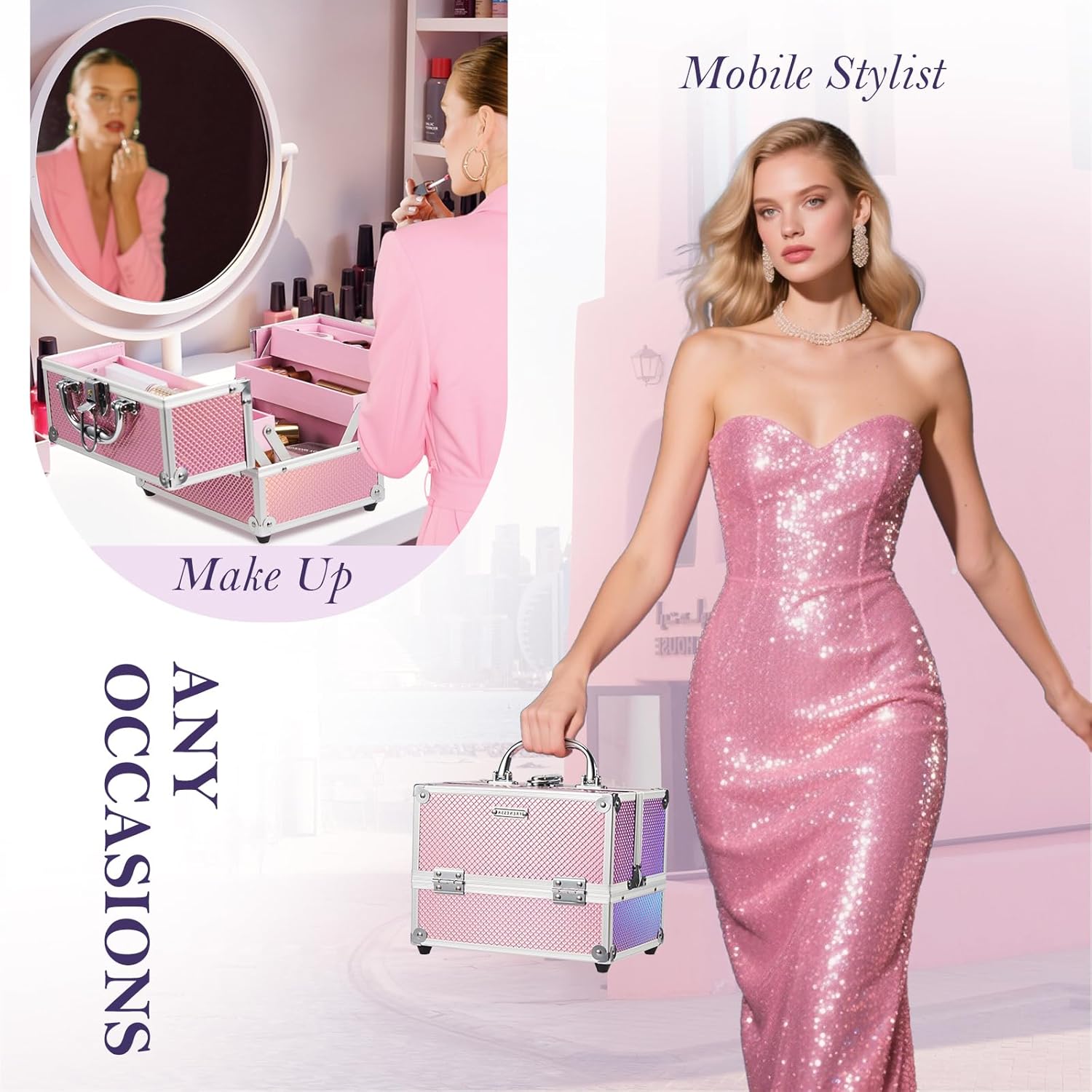 FRENESSA Mermaid Pink Portable Makeup Train Case Organizer with Locking Nail Kit - Image 3