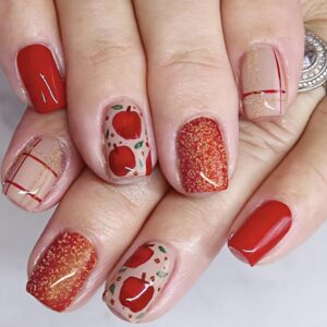 Red Press on Nails Short Square Fake Nails Red Glitter Full Cover Christmas Nails Plaid False Nails with Christmas Eve Apple Designs Glossy Glue on Nails Artificial Nails for Women Girls 24Pcs