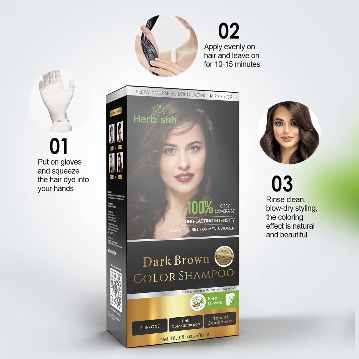 Herbishh 3-In-1 Dark Brown Hair Color Shampoo 500ml with 30ml Argan Oil for Dry Hair - Image 4