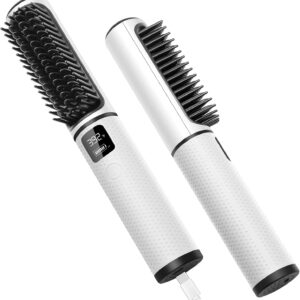 Cordless Hair Straightener Brush, iTayga Portable Hair Straightener Brush for Women with Travel Size, 2 in 1 Negative Ion Hair Straightener Styling Comb, USB Rechargeable 5000MAH Hot Comb, White