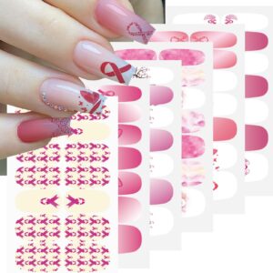 Pink Ribbon Breast Cancer Awareness Nail Stickers - 6 Sheets Self-Adhesive Gradient Pink Gel Nail Wraps for Women & Girls
