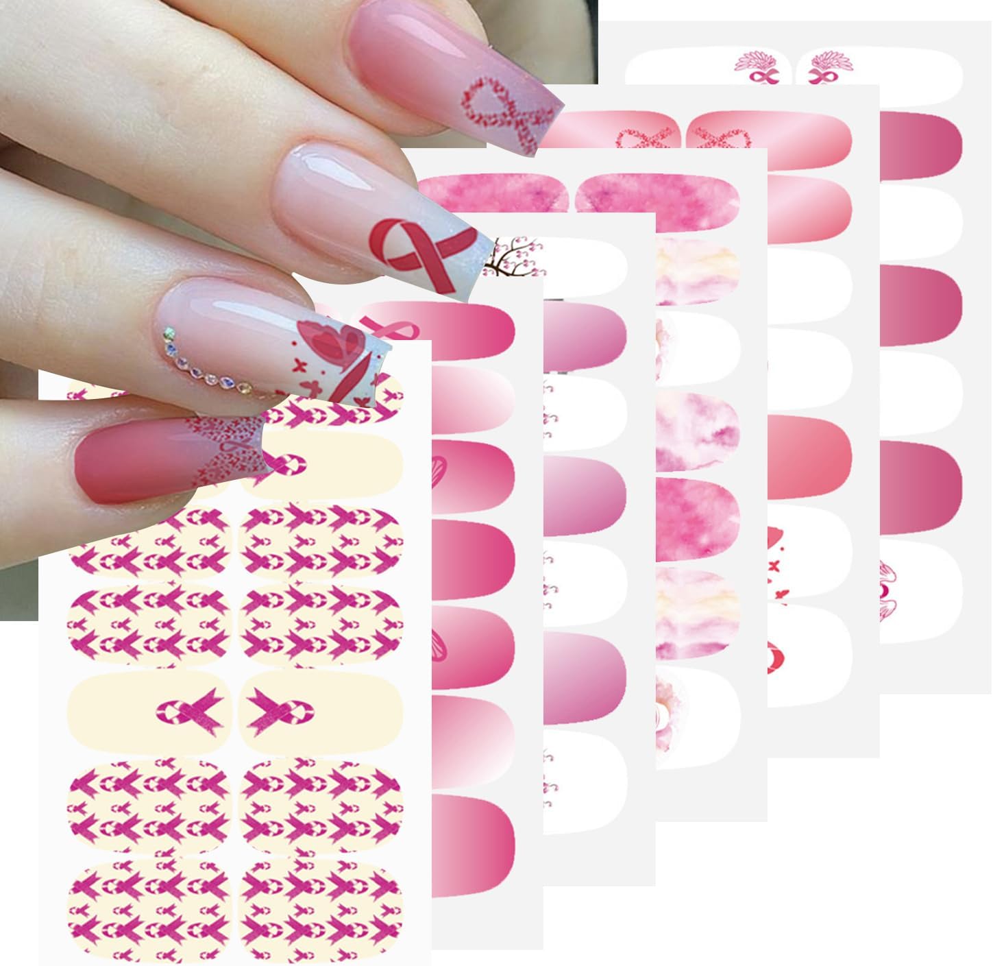 Pink Ribbon Breast Cancer Awareness Nail Stickers - 6 Sheets Self-Adhesive Gradient Pink Gel Nail Wraps for Women & Girls