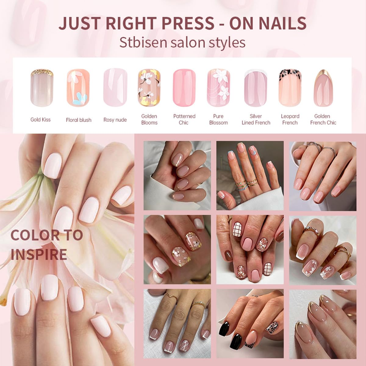 Short Square Nude French Tip Press On Nails with Floral Accents - Set of 24 - Image 5