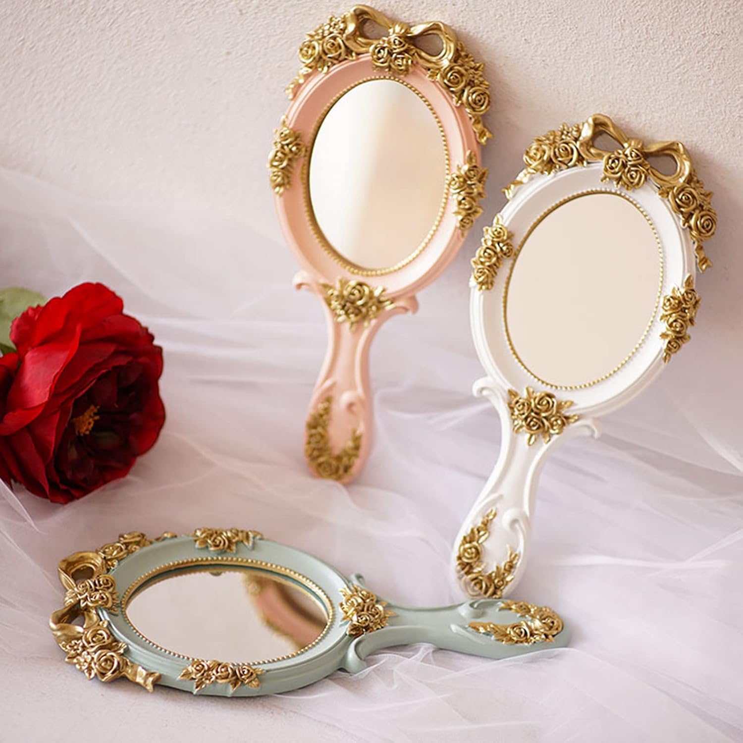 Nerien Pink Oval Handheld Makeup Mirror Decorative Rose Design - Image 7
