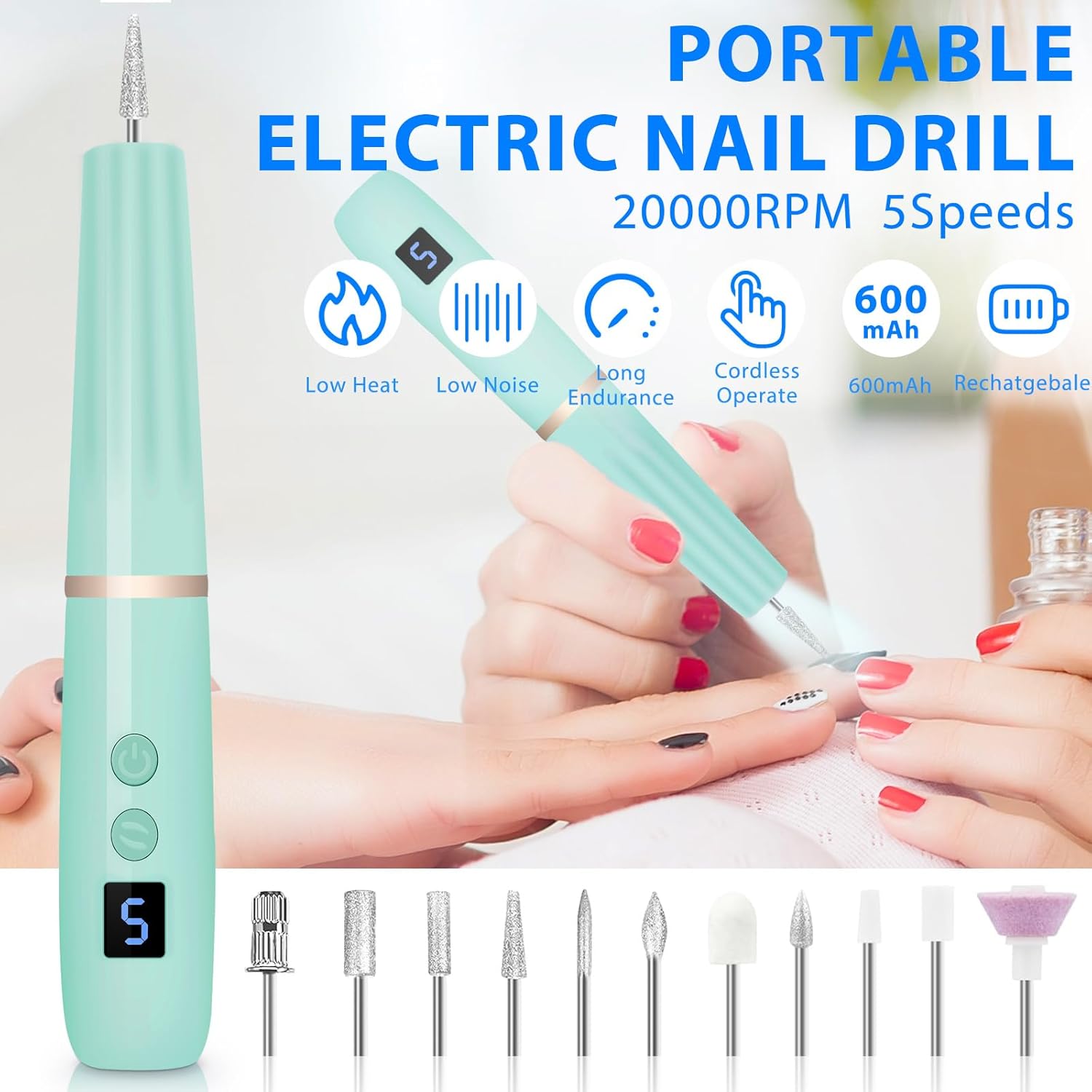 Turquoise Portable Cordless Electric Nail Drill Kit with 360° Ring Light - Image 2