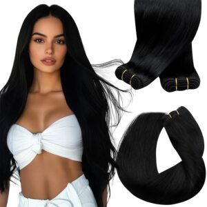 Sunny Hair 22 inch Sew in Hair Extensions Real Human Hair Jet Black Weft Human Hair Extensions Long Hair Black Real Human Hair Weft Extensions Sew in Bundles for Women Brazilian Hair 100g
