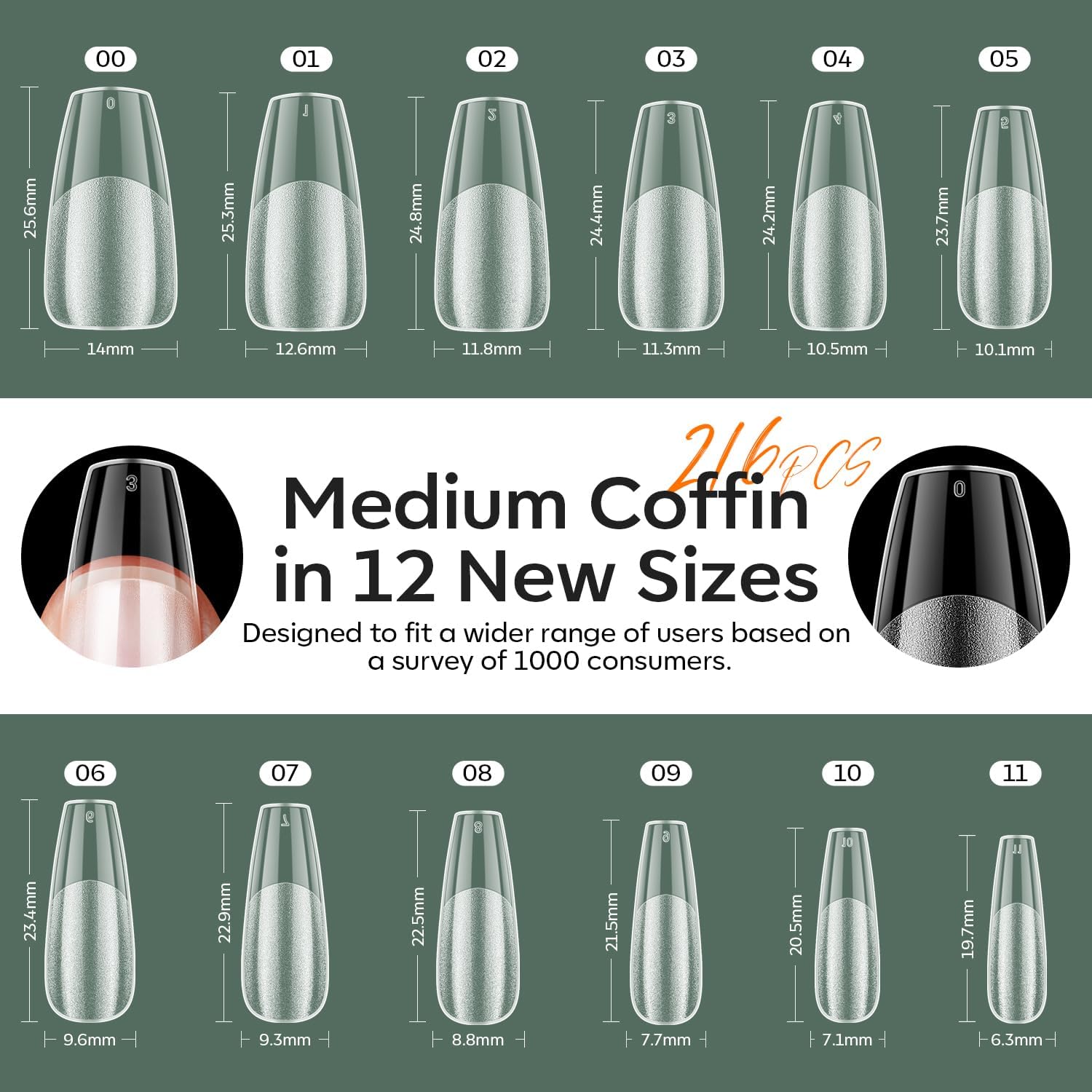 Modelones 216 Piece Medium Coffin Gel Nail Kit with UV Lamp, 12 Sizes for DIY Nail Art - Image 3