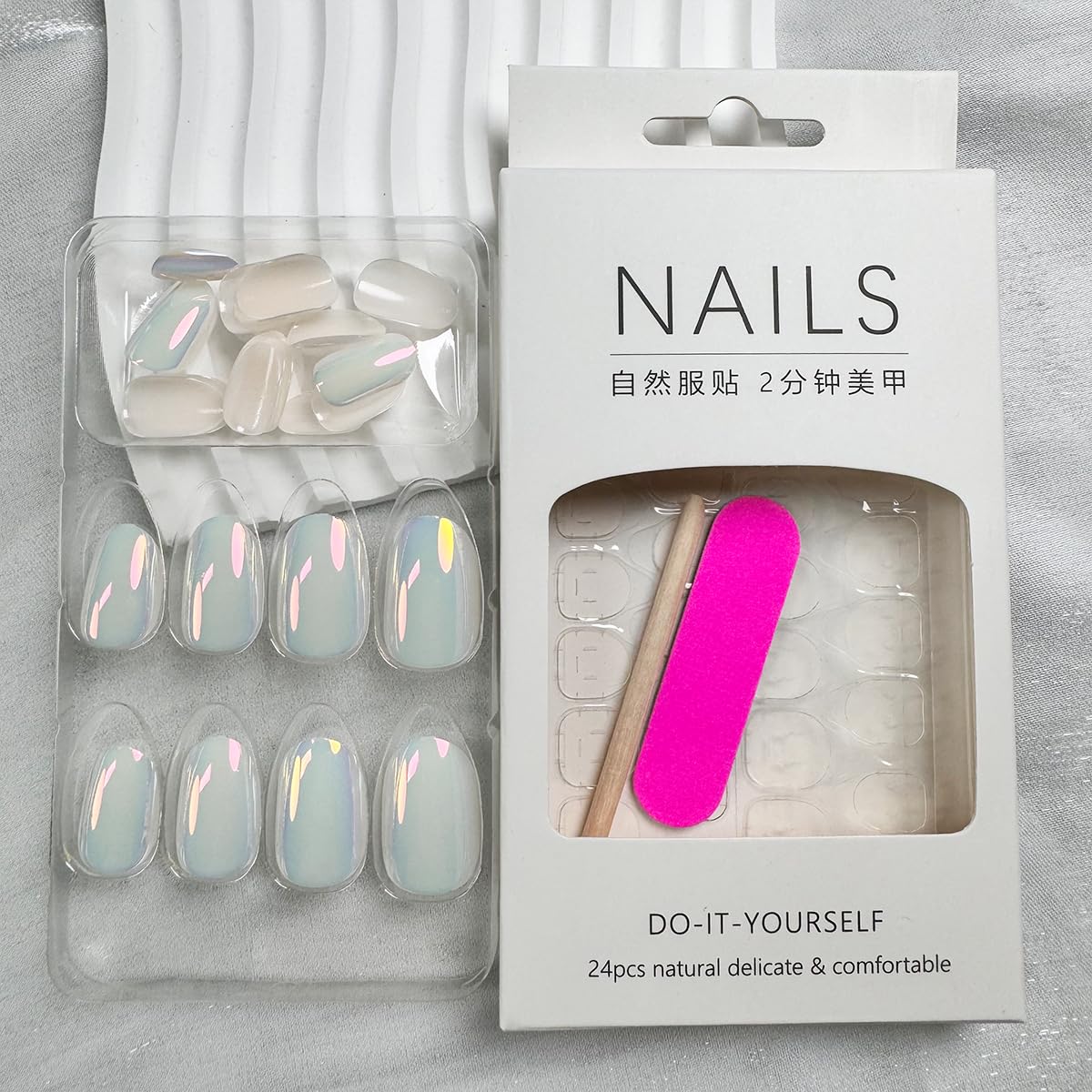 White Chrome Almond Medium Press On Nails Ice Iridescent 24 Piece Set - Image 6