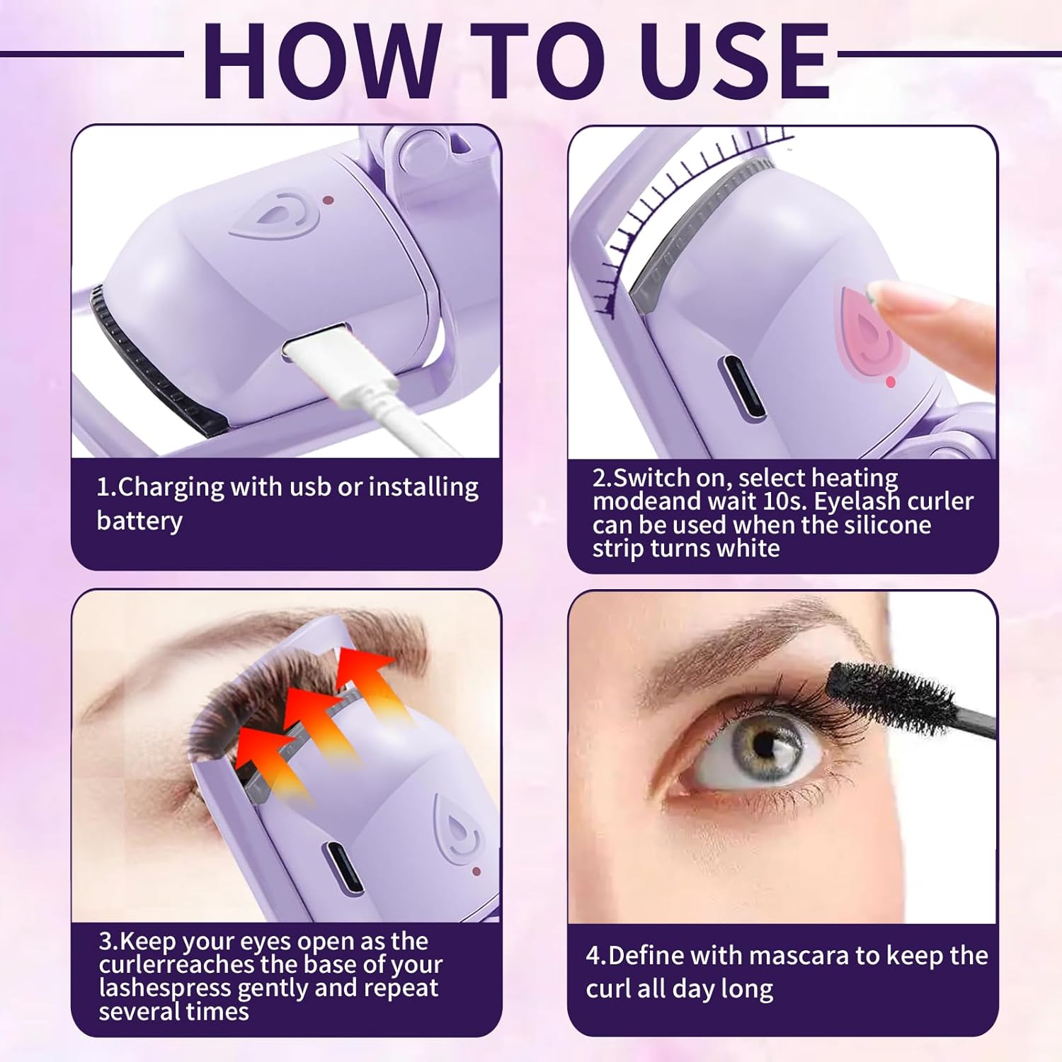 Premium USB Rechargeable Heated Eyelash Curler Purple with Temperature Control Silicone Pad - Image 6