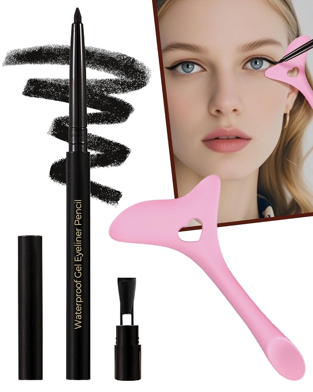 Black Retractable Gel Eyeliner Pencil with Built-in Sharpener and Eyeliner Stencil Tool - Image 2