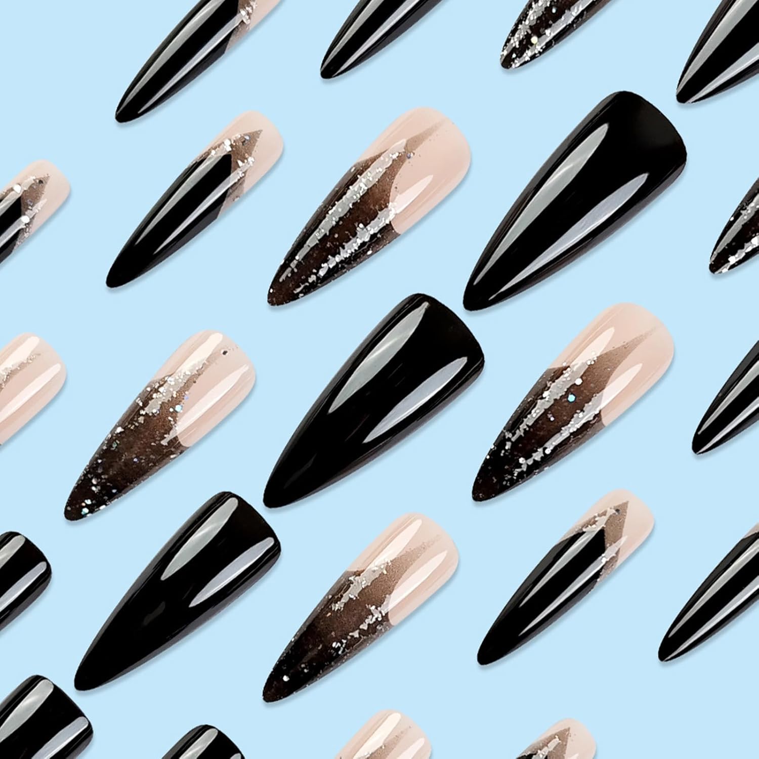 Black French Tip Long Stiletto Press on Nails 24Pcs with Silver Glitter Accent - Image 2