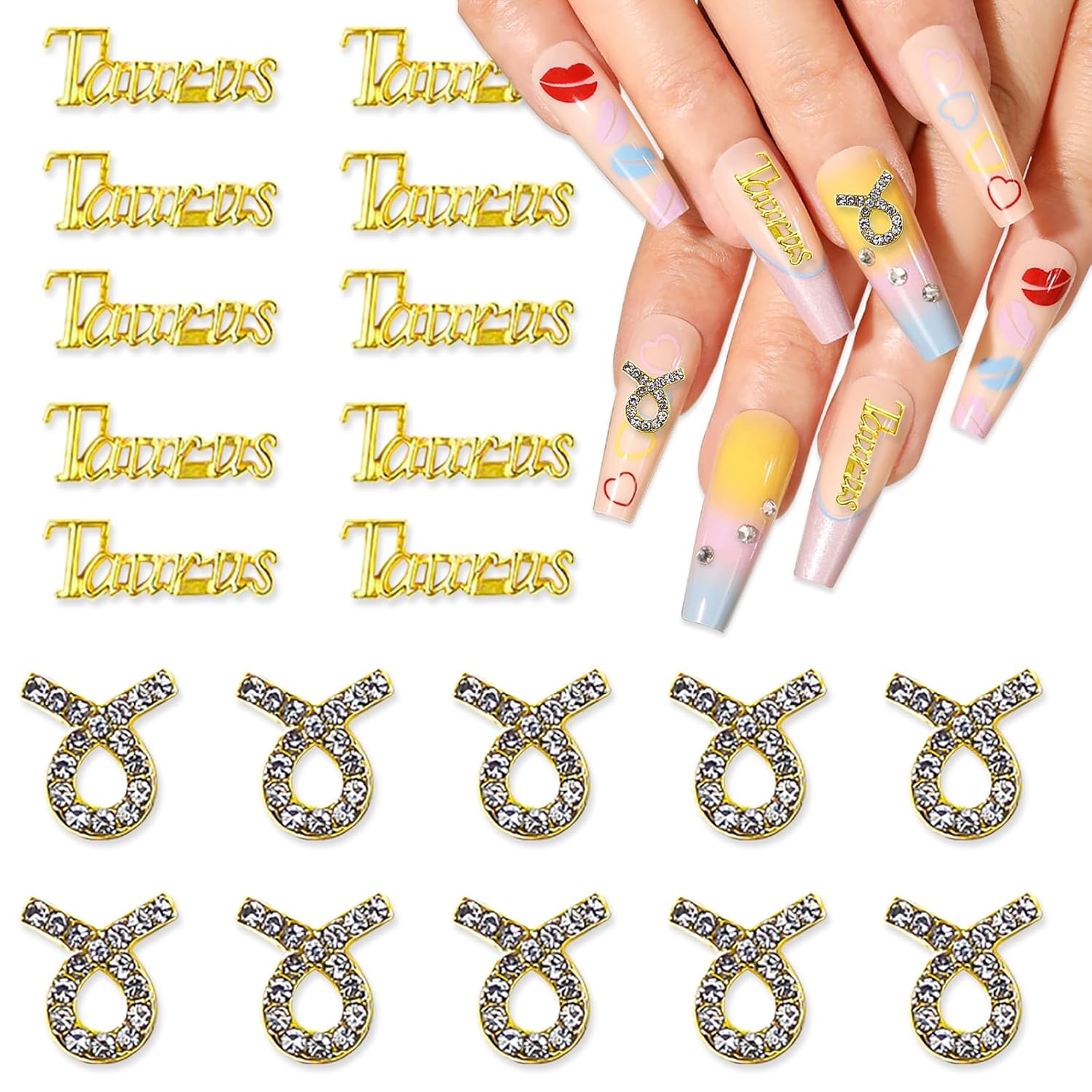 JERCLITY 20pcs Gold Alloy Taurus Zodiac Nail Charms - 10pcs Sign Symbols, 10pcs Constellation Words (Dates: April 20 to May 20), JSP430