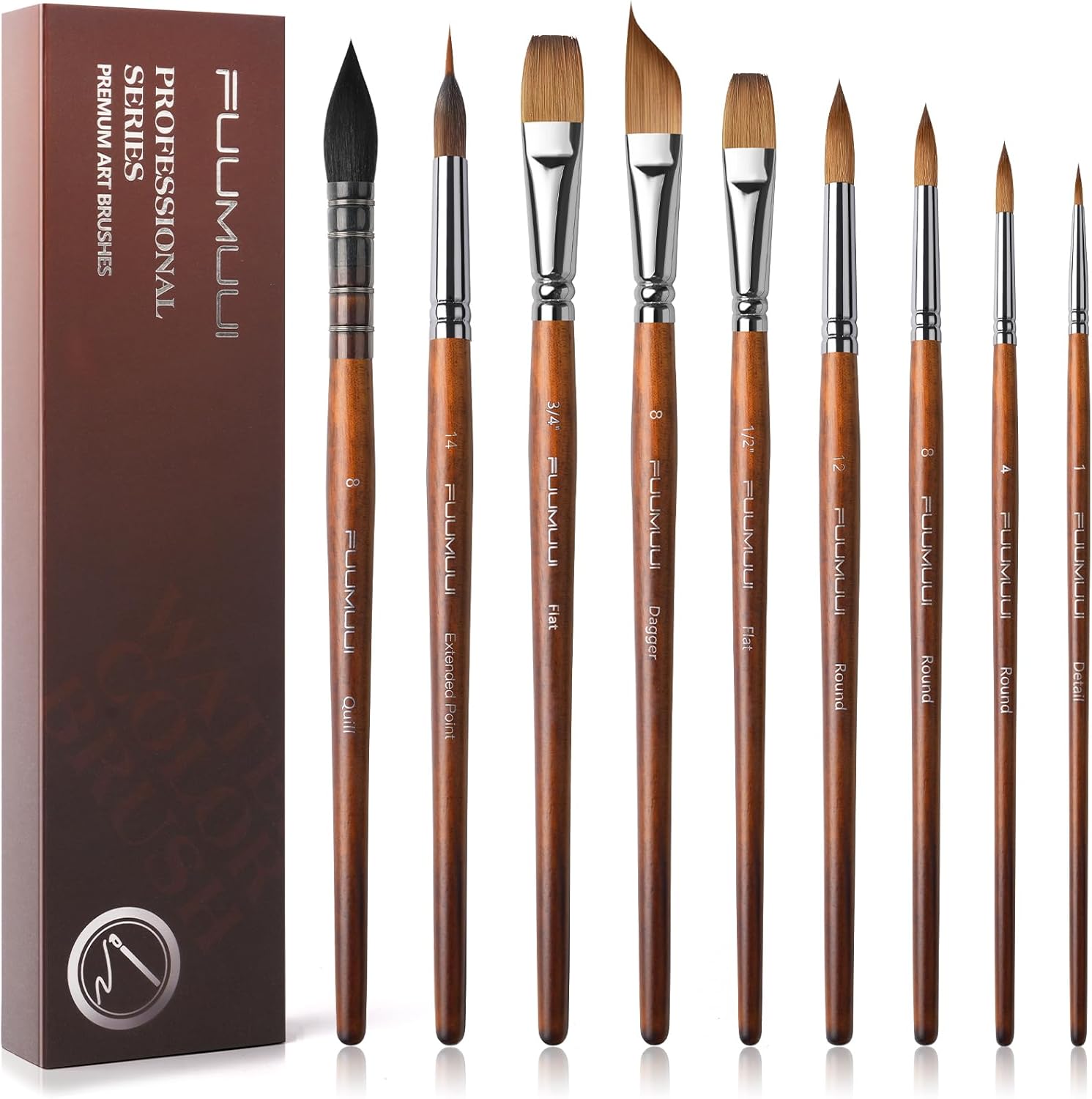 Fuumuui 9pc Professional Watercolor Paint Brush Set Sable Squirrel Bristle Medium - Image 7