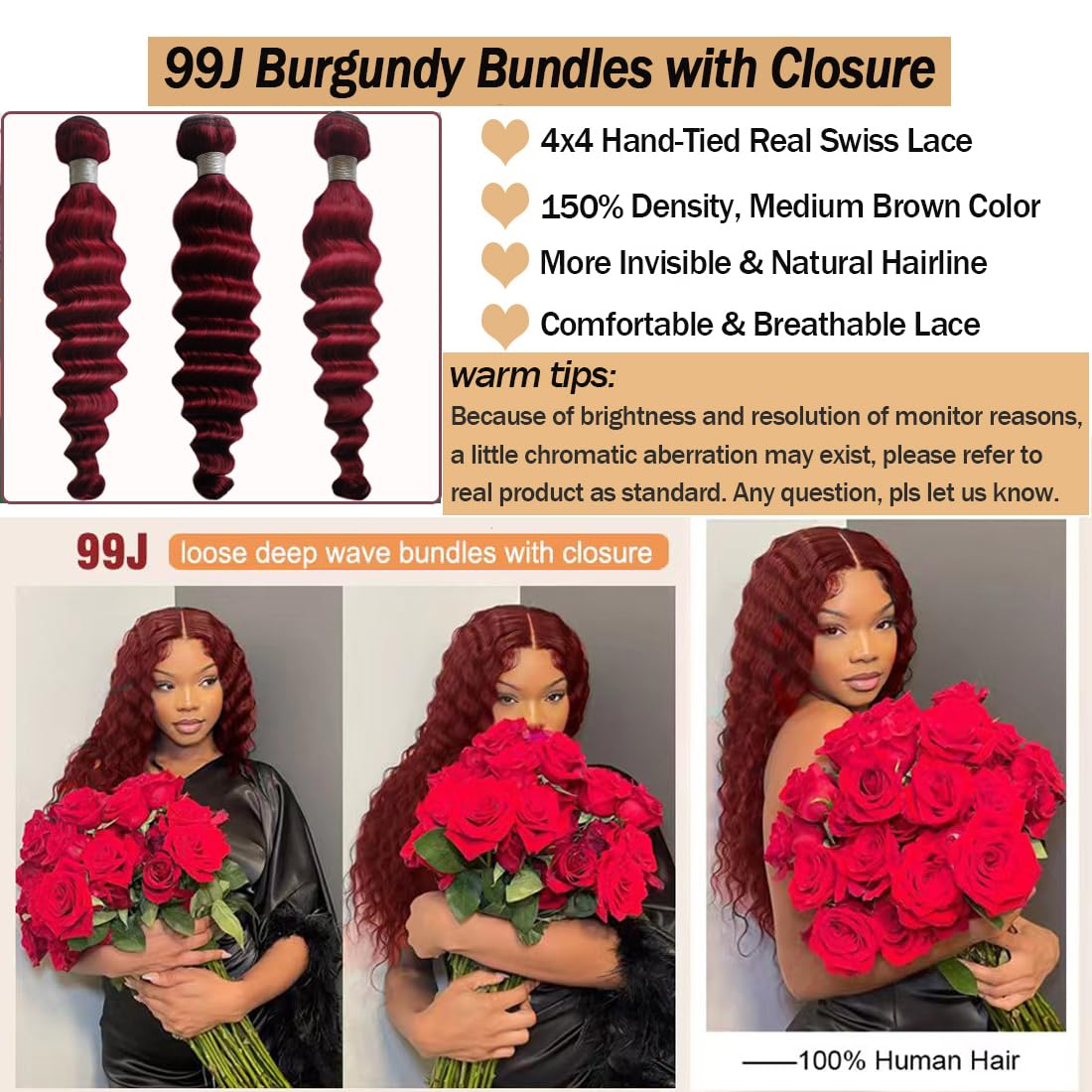 99J Burgundy Loose Deep Wave 100% Human Hair Bundles with 4x4 Lace Closure 20 Inch - Image 6