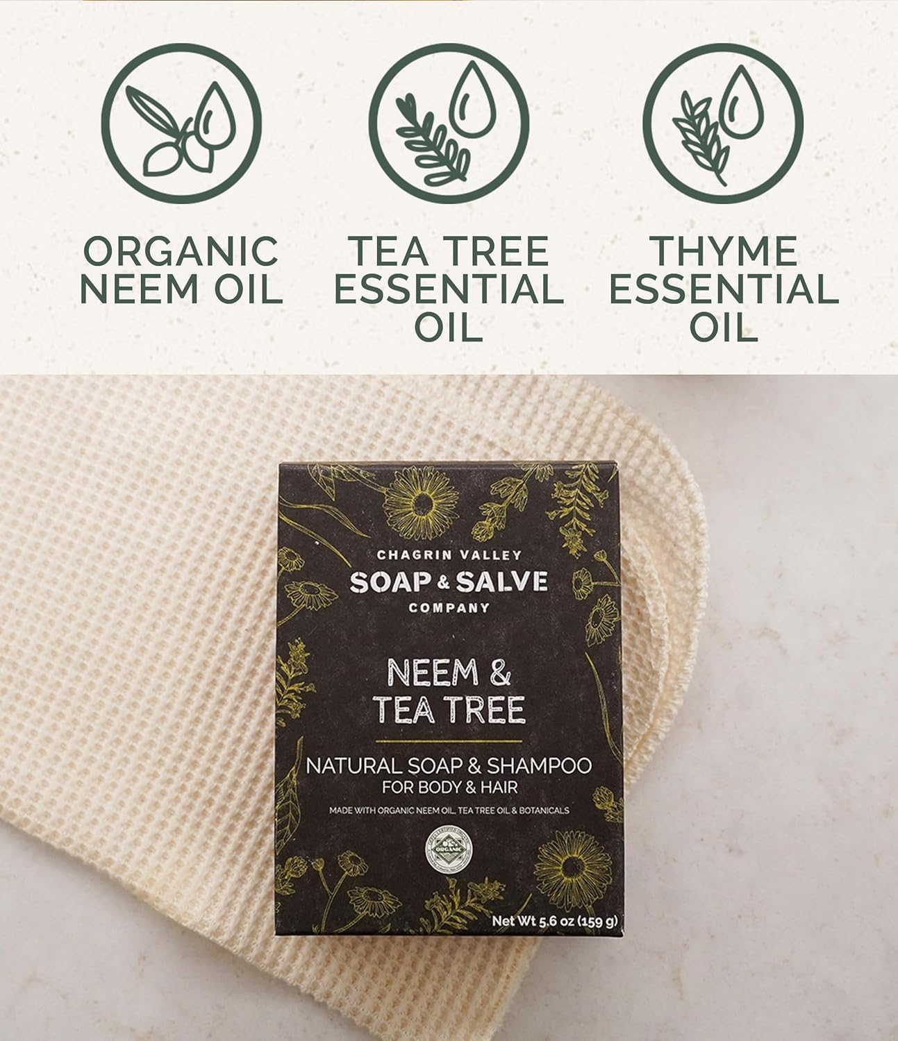 Chagrin Valley Organic Neem and Tea Tree Soap Shampoo Bar 5.6 oz 3 Pack Dry Skin - Image 3
