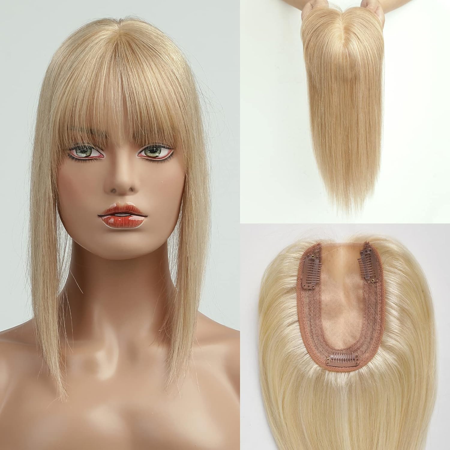 EMMOR Women's 10 Inch Bleach Blonde Hair Topper with Bangs, 150% Density Silk Base Three Clip - Image 4