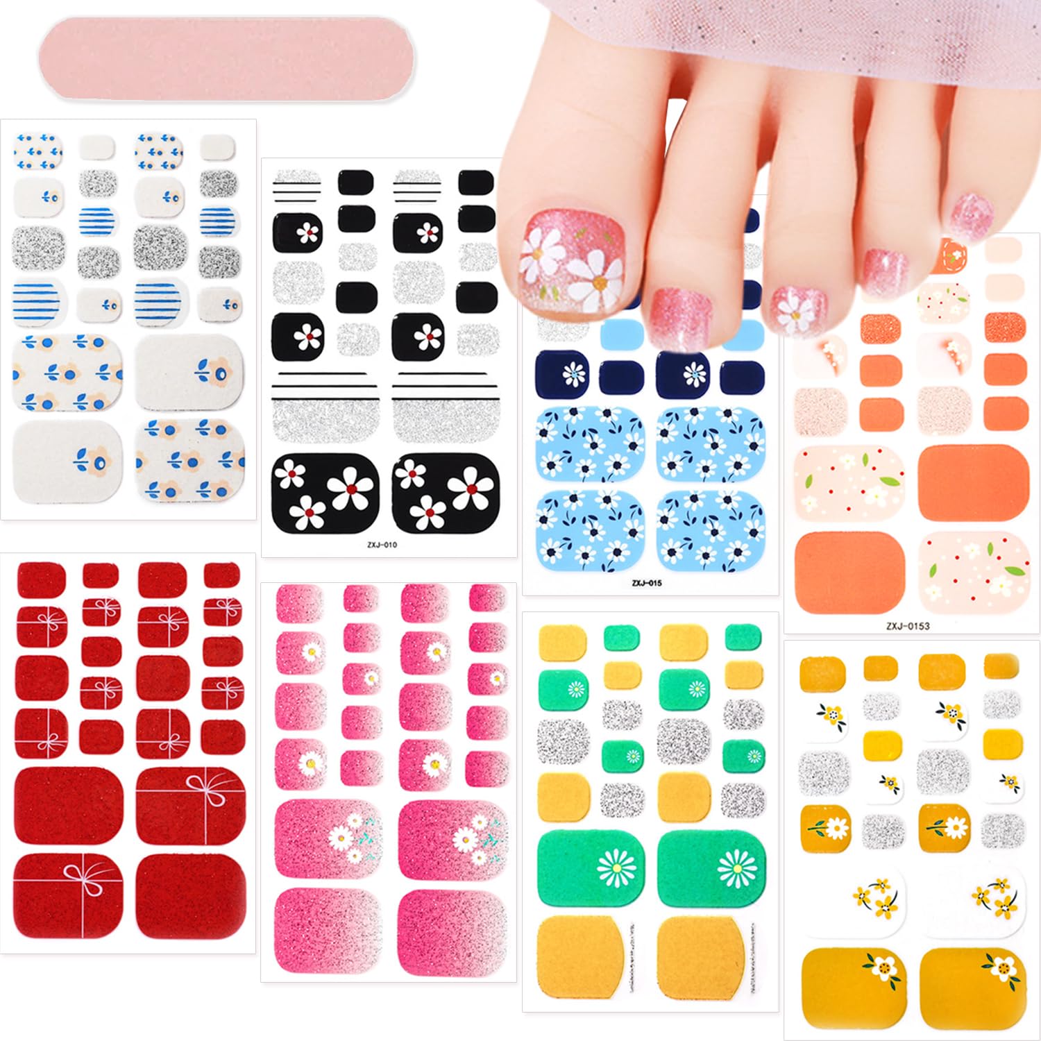 8Sheets Floral Gel Toe Nail Stickers - Flower Polish Strips Self-Adhesive Glitter Designs Decals Small Daisy Toenail Stickers Full Gel Wraps for Women DIY Manicure