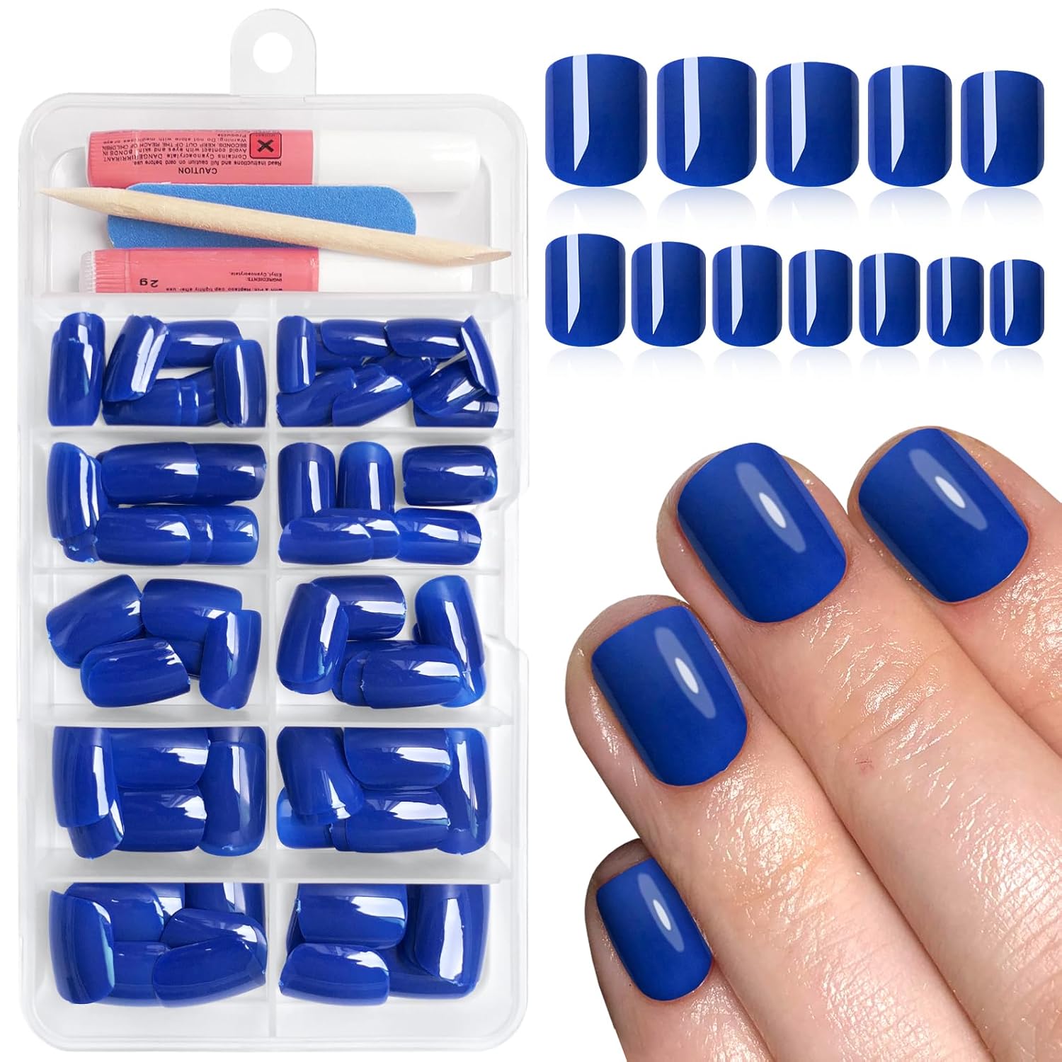 120 Pcs Royal Blue Glossy Square Press-On Nails for Women and Girls - Image 2