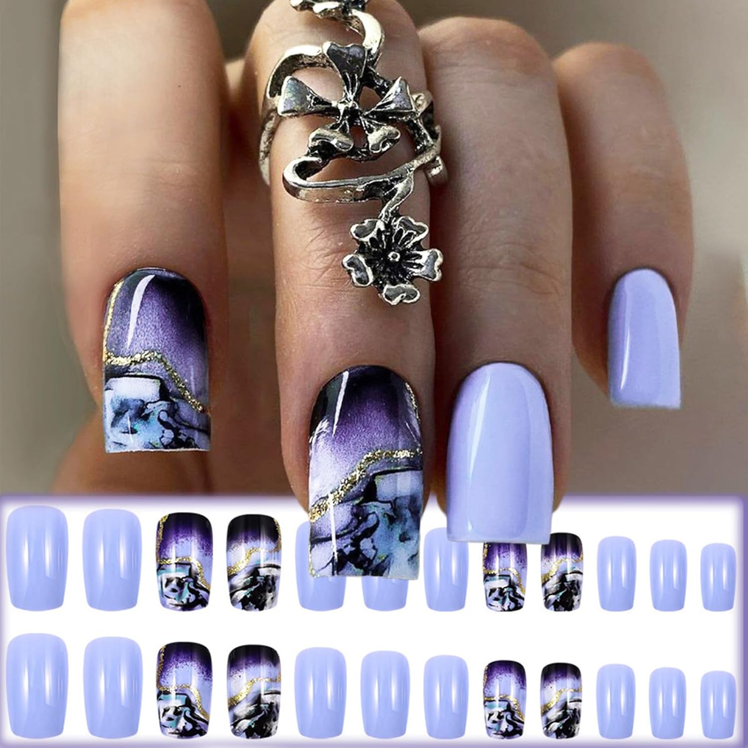 24 Pcs Medium Square Dark Purple Gradient Acrylic Press on Nails with Gold Lines - Image 5