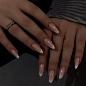 White French Tip Press On Nails Almond - KQueenest Chrome Press On Nails Medium, Natural Nude Brown Fake Nails Press on Mirror Shine French Glue on Nails Medium, Glazed Stick On Nails for Women