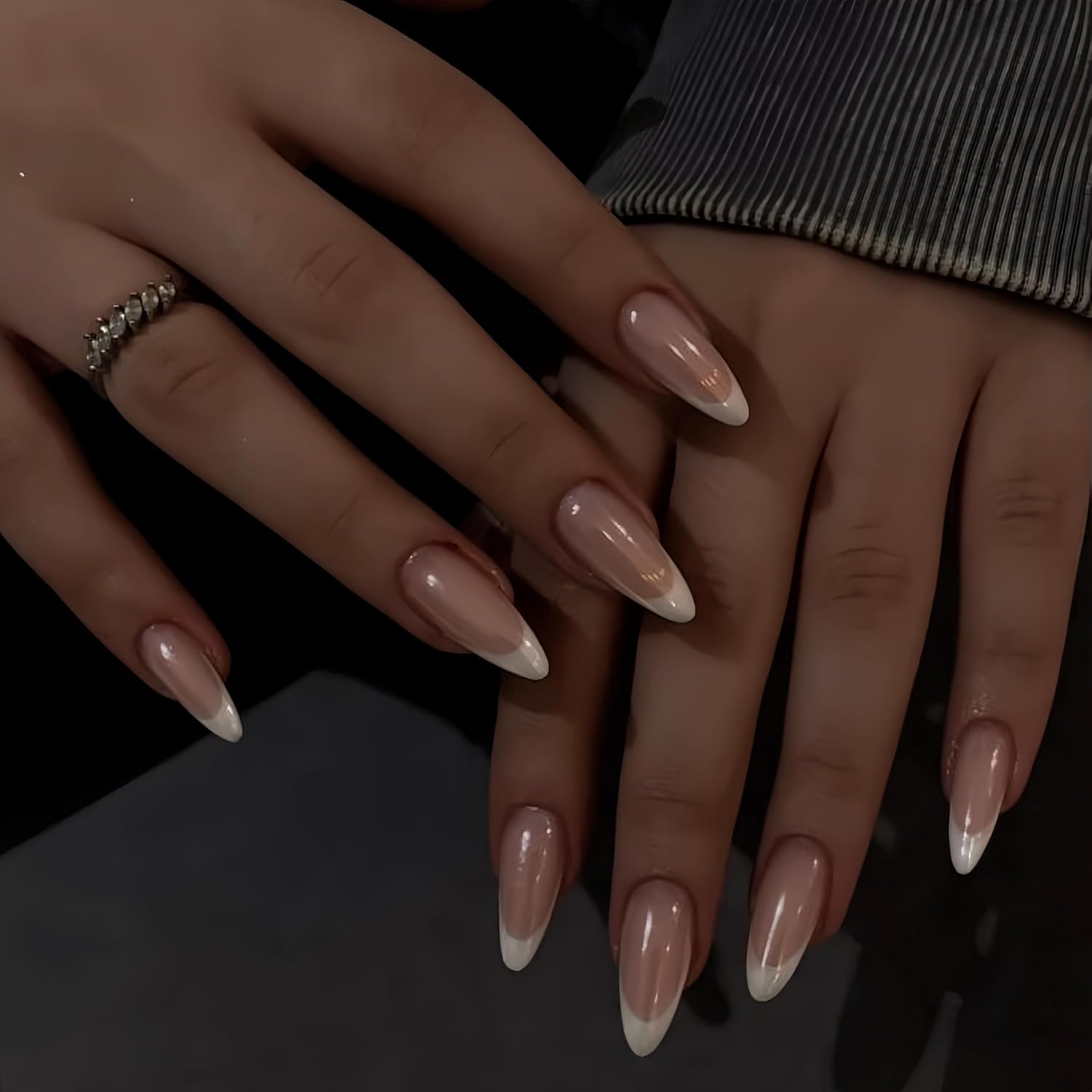White French Tip Press On Nails Almond - KQueenest Chrome Press On Nails Medium, Natural Nude Brown Fake Nails Press on Mirror Shine French Glue on Nails Medium, Glazed Stick On Nails for Women