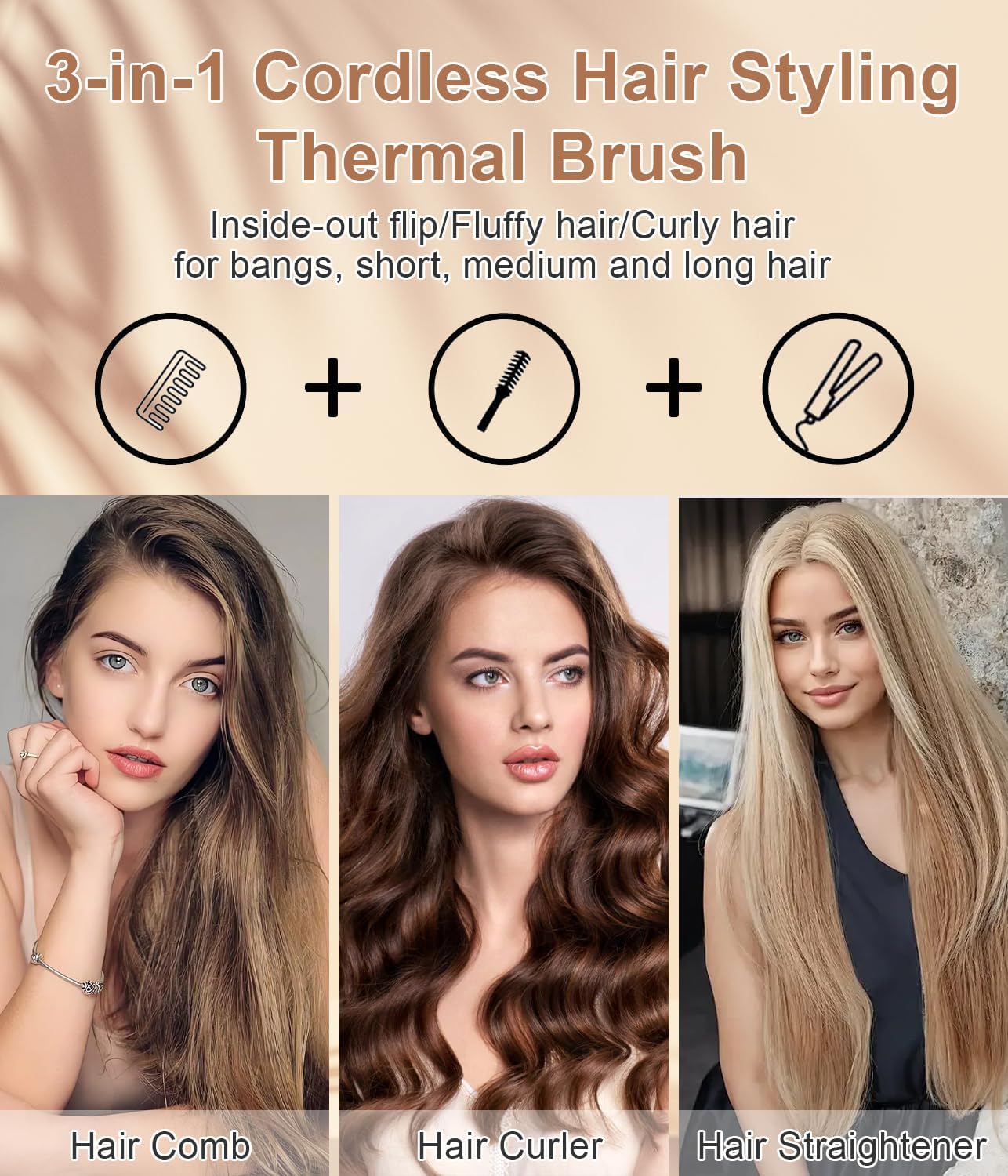 Portable 3-in-1 Cordless Mini Hair Curling Iron Brush, 1.5 Inch, Rechargeable Travel Tool, White - Image 5