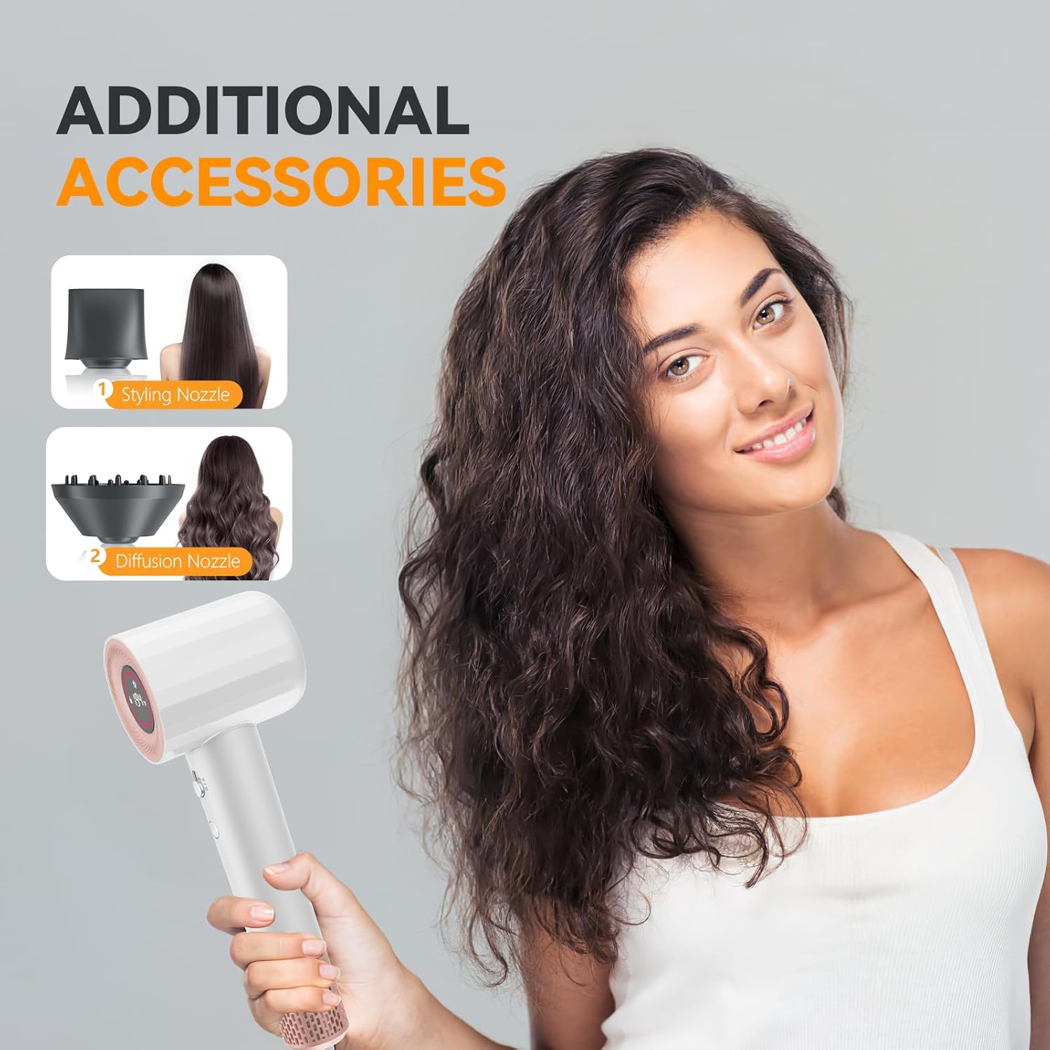 1500W LCD High-Speed Ion Hair Dryer White with Diffuser and Brushless Motor - Image 5