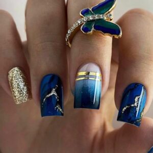 Dark Blue Gradient Press on Nails Gold Curve Line Stick on Nails Gold Glitter Acrylic Fake Medium Square Nails 24 Pcs Glossy Blue Marble False Nails Black Ombre Gel Glue on Nails for Women Girls