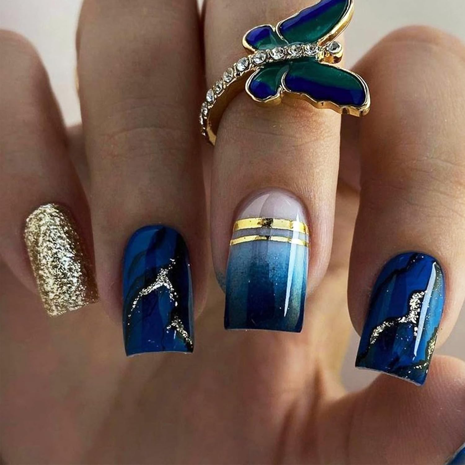 Dark Blue Gradient Press on Nails Gold Curve Line Stick on Nails Gold Glitter Acrylic Fake Medium Square Nails 24 Pcs Glossy Blue Marble False Nails Black Ombre Gel Glue on Nails for Women Girls