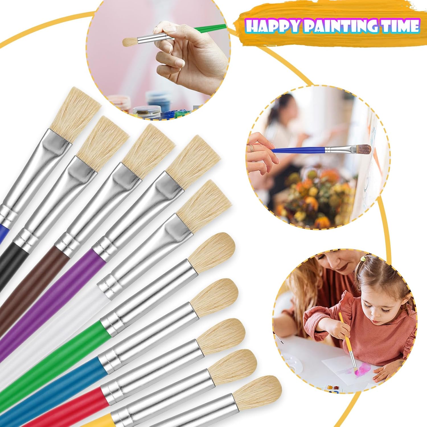 YGAOHF 10pc Kids Paint Brush Set, Round & Flat, Easy-Grip, For Acrylic Watercolor Oil - Image 4