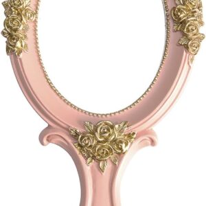 Nerien Handheld Mirror Vanity Makeup Mirror Travel Princess Metal Cosmetic Mirror Portable Oval Embossed Rose Mirrors Decorative Desk Girl Student Vintage Beautiful Handle Mirrors Pink-3