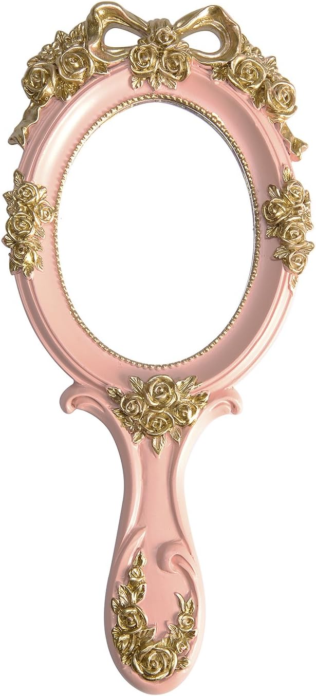 Nerien Handheld Mirror Vanity Makeup Mirror Travel Princess Metal Cosmetic Mirror Portable Oval Embossed Rose Mirrors Decorative Desk Girl Student Vintage Beautiful Handle Mirrors Pink-3