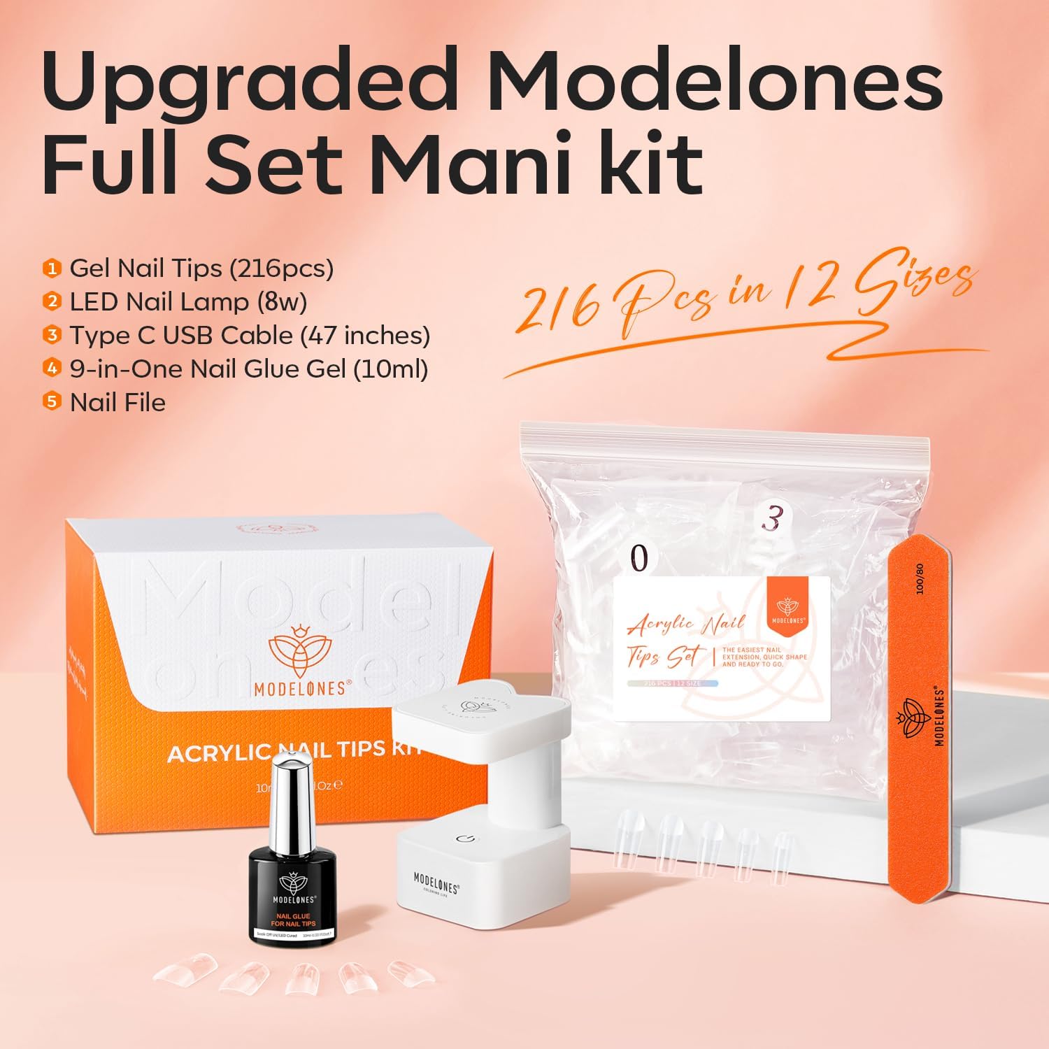 Modelones Medium Square Gel Nail Kit 216 Tips, 9-in-One Glue, and UV Lamp - Image 6