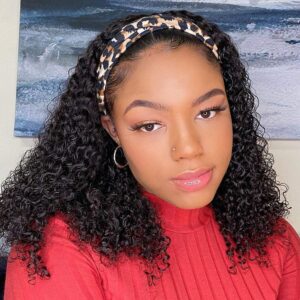 mengkai 16 Inch Curly Headband Wig Human Hair No Lace Front Wigs Human Hair Curly Headband Wig