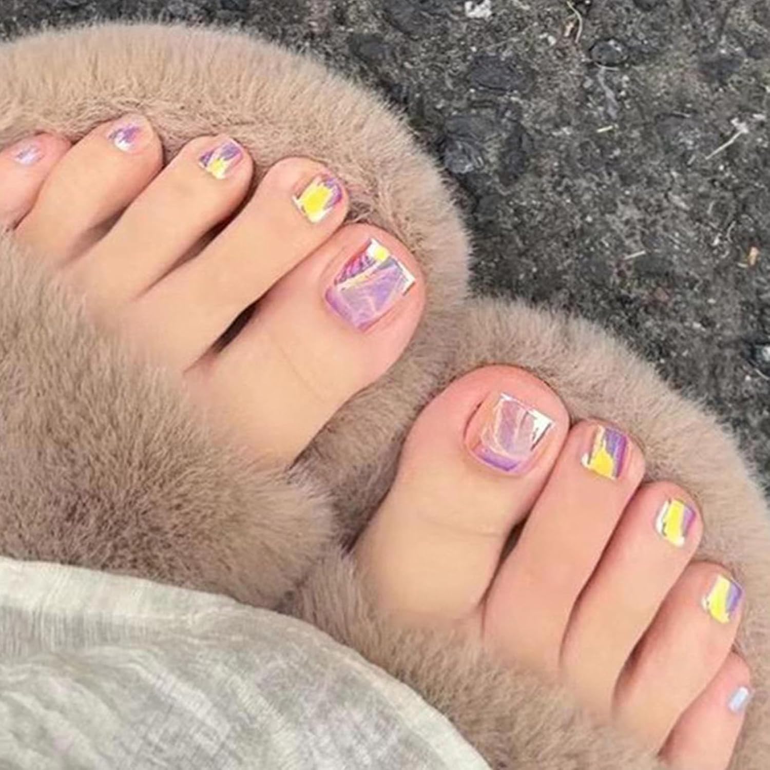 24 Pc Gold Glossy Chrome Press-On Toenails Short Square Acrylic Full Cover with Aurora Powder Designs - Image 2