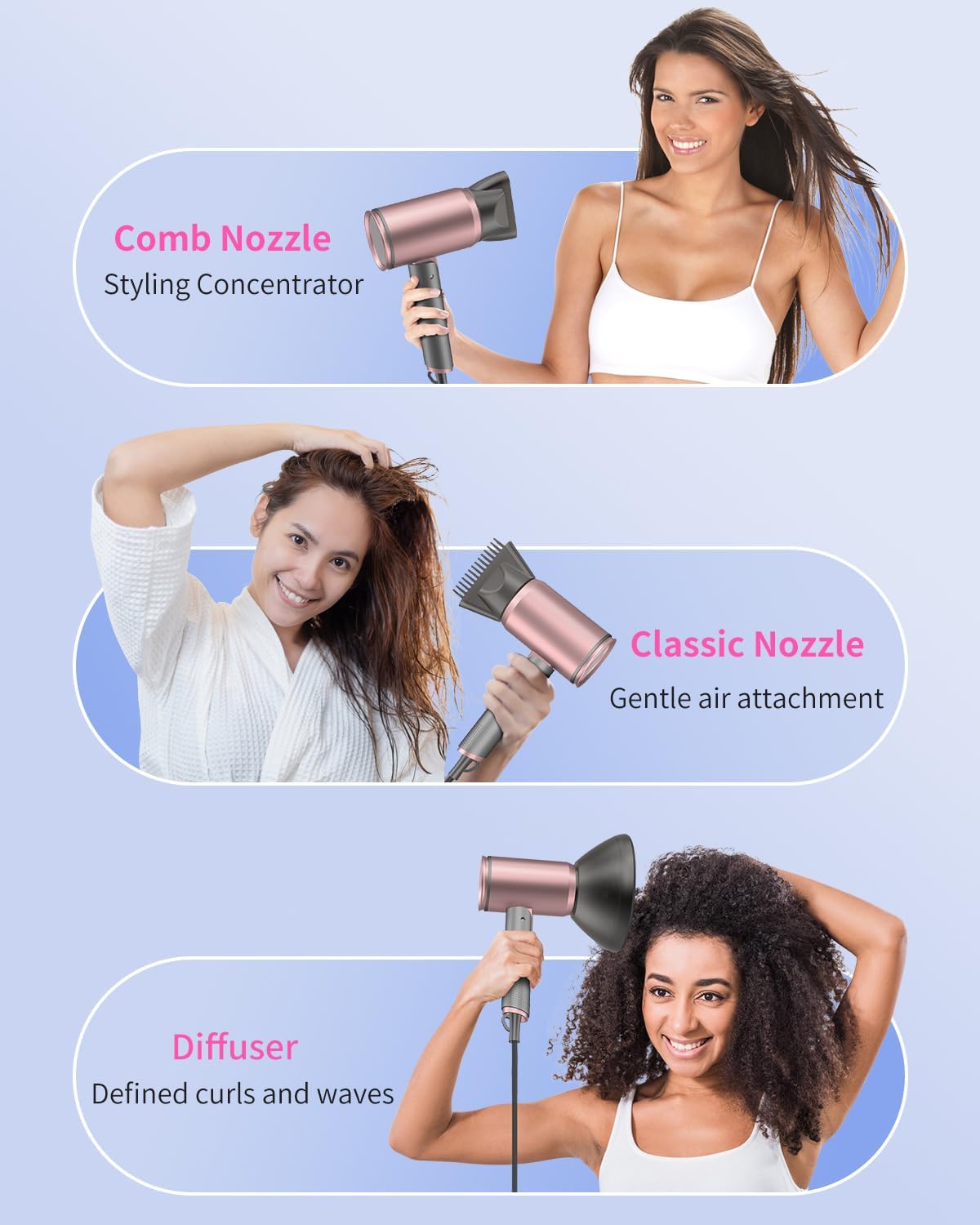 Portable 1600W Ionic Hair Dryer Pink Grey Foldable Handle with Diffuser and Comb Nozzle - Image 7