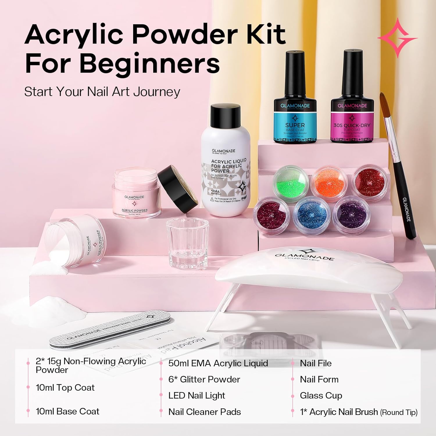 Beginner Acrylic Nail Kit with Clear Pink Powder, UV Lamp, and Glitter for Home Use - Image 2
