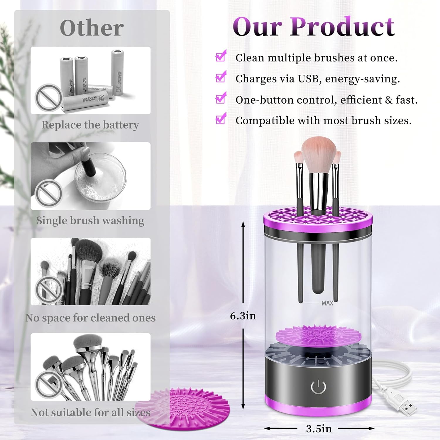Electric Makeup Brush Cleaner Machine for Deep Cleaning All Brush Types, Portable Design - Purple - Image 4