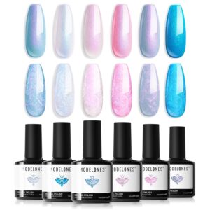 modelones Gel Nail Polish Set 6 Colors Pink Blue Pearl Gel Nail Polish White Pink Blue Shimmer Mermaid Glitter Polish Soak Off Nail Drawing Swirl Shell Thread Effect Spring DIY Gift For Women Girl