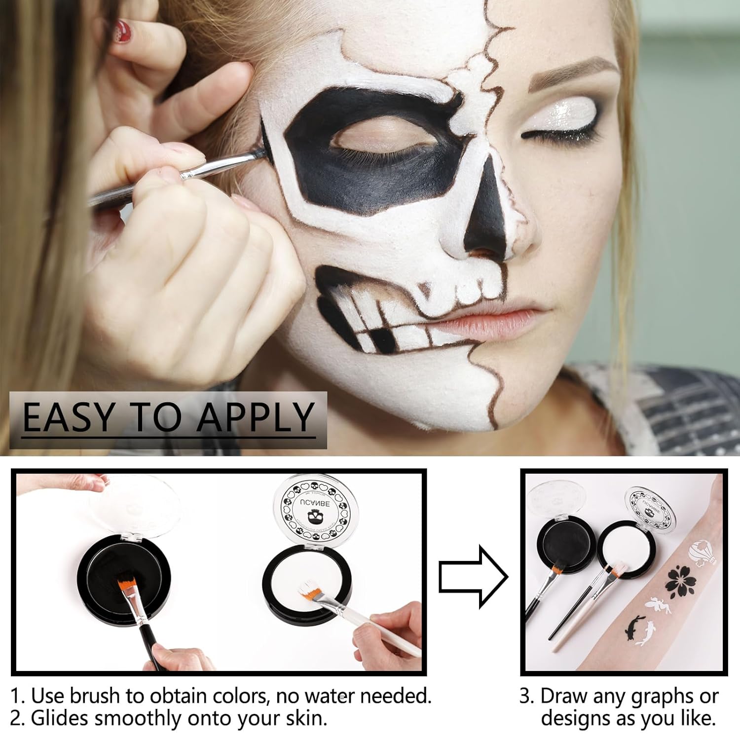 UCANBE 12-Color Black & White Face and Body Paint Cream Foundation Kit with Brush for Cosplay Halloween - Image 3