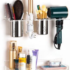 Hair Tool Organizer Wall Mount, Set of 2 Acrylic Hair Dryer Holder, Bathroom Vanity Organizers and Storage for Curling Iron, Hot Tools, Blow Dryer and Makeup Products