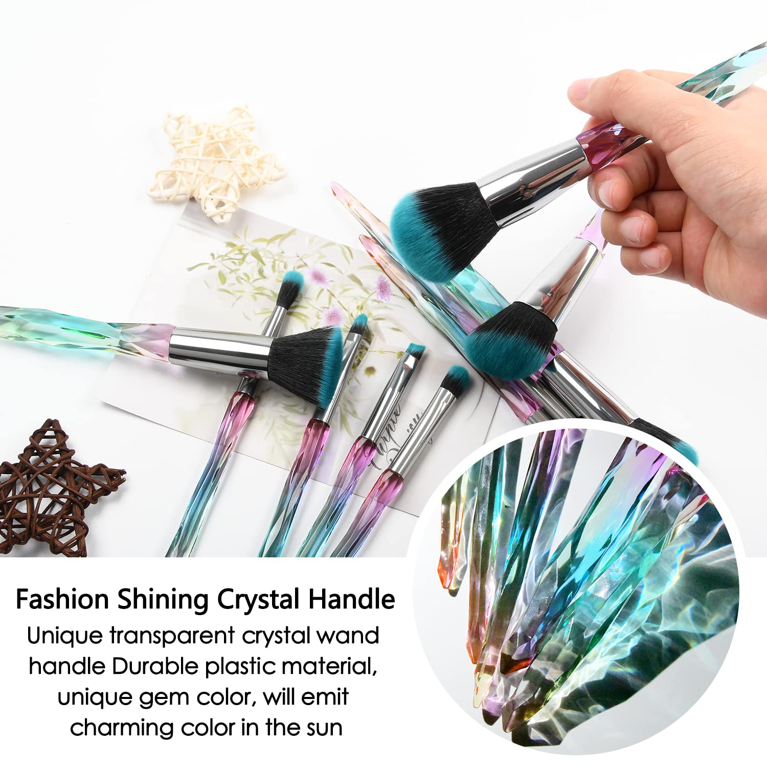 10 Piece Crystal Handle Makeup Brush Set with Kabuki, Foundation, and Eye Brushes - Green - Image 5