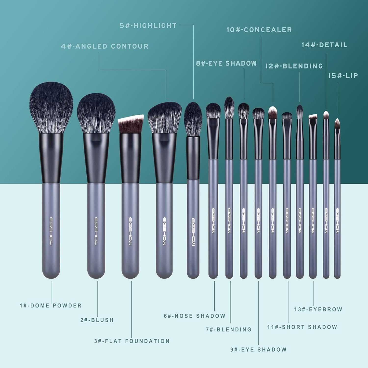 EIGSHOW 15-Piece Professional Makeup Brush Set for Face and Eyes in Grey - Image 4