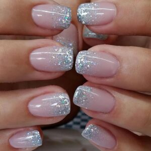 Glitter Press on Short Square Fake Nails - Silver Gradient French Glue on Glossy Nude Pink False Sparkly Full Cover Stick on Natural Acrylic for Women Girl - 24Pcs