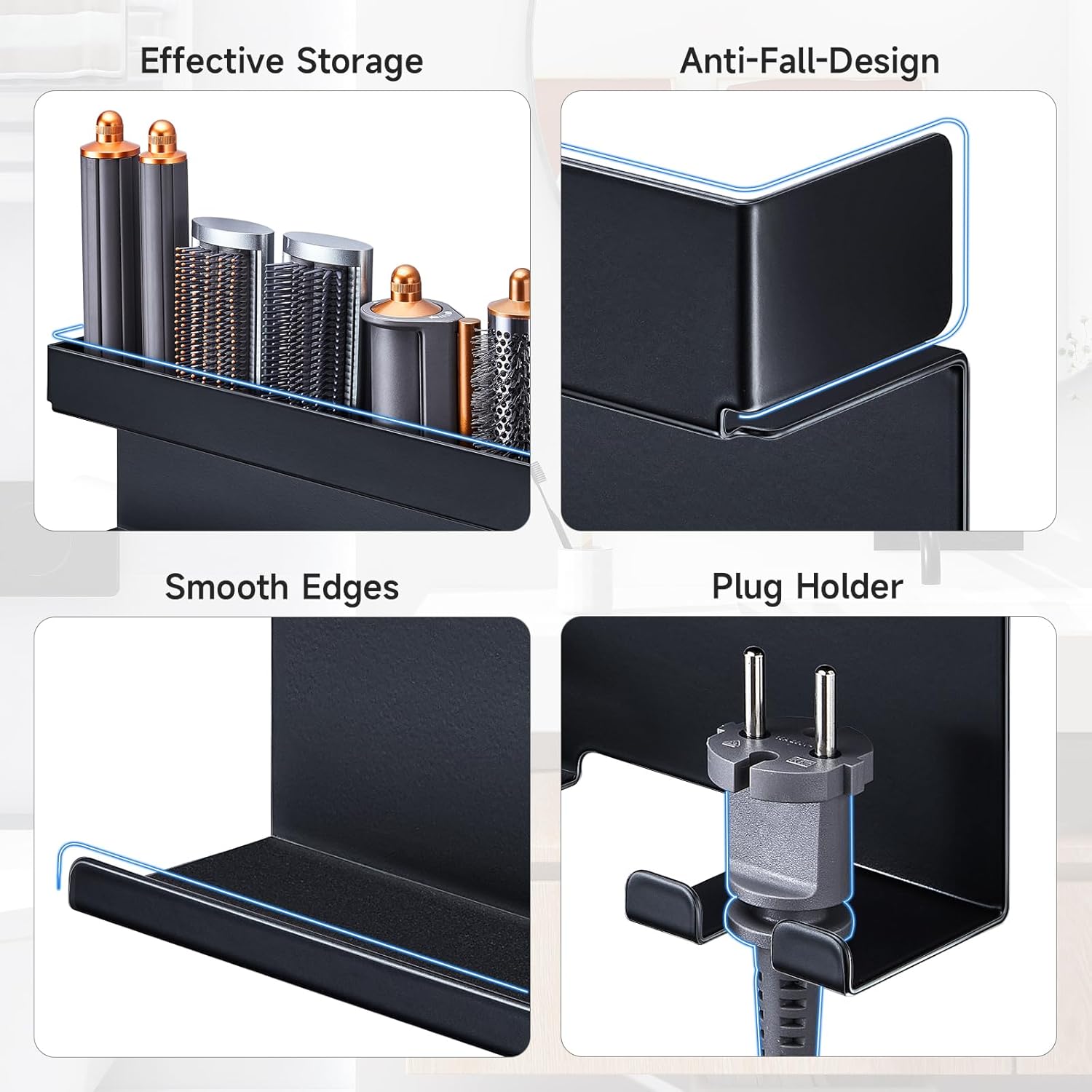 Black Wall-Mounted Hair Tool Organizer for Curling Iron and Hair Dryer Accessories - Image 7