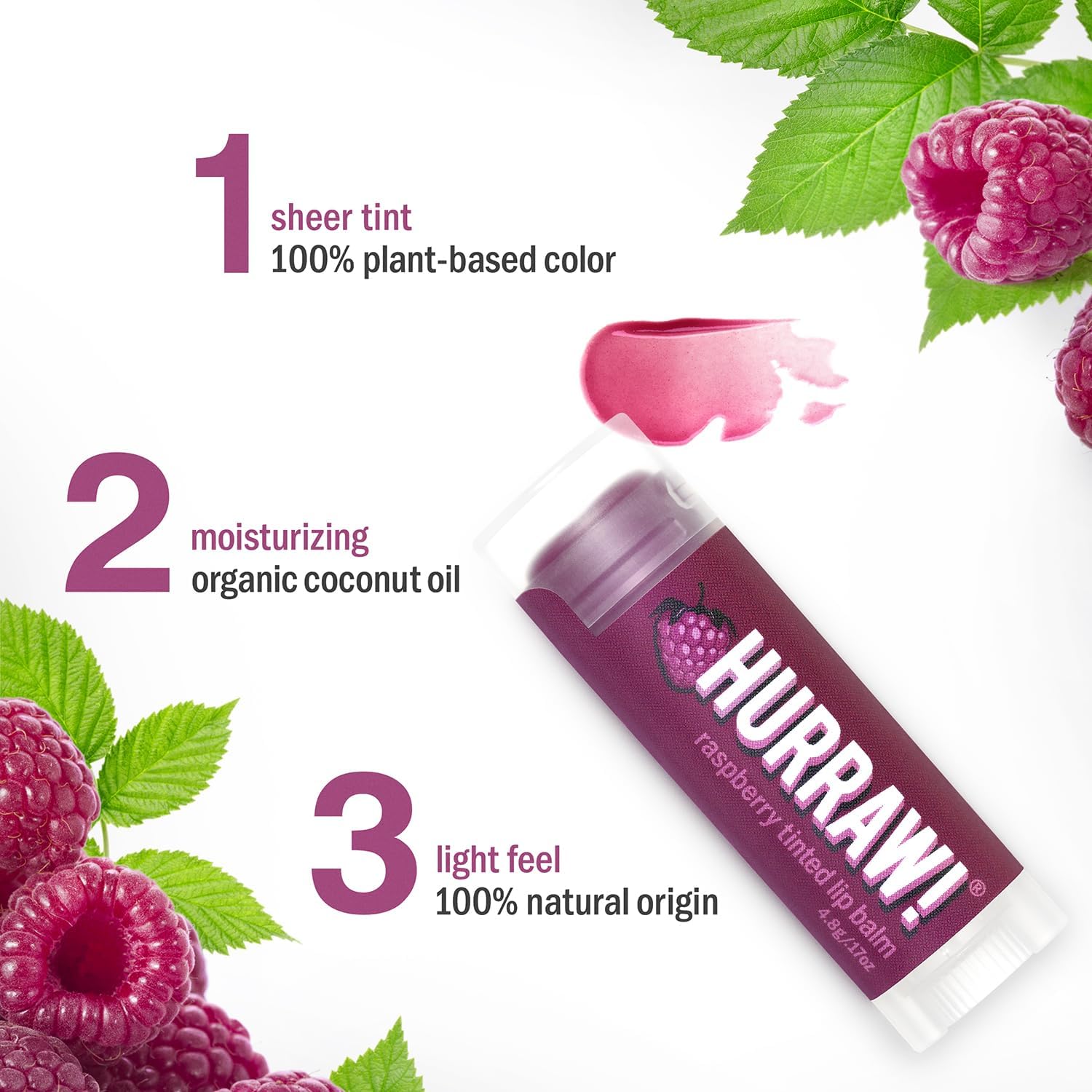 Hurraw Organic Vegan Raspberry Tinted Lip Balm 0.15 oz Sheer Berry Tint - Image 4