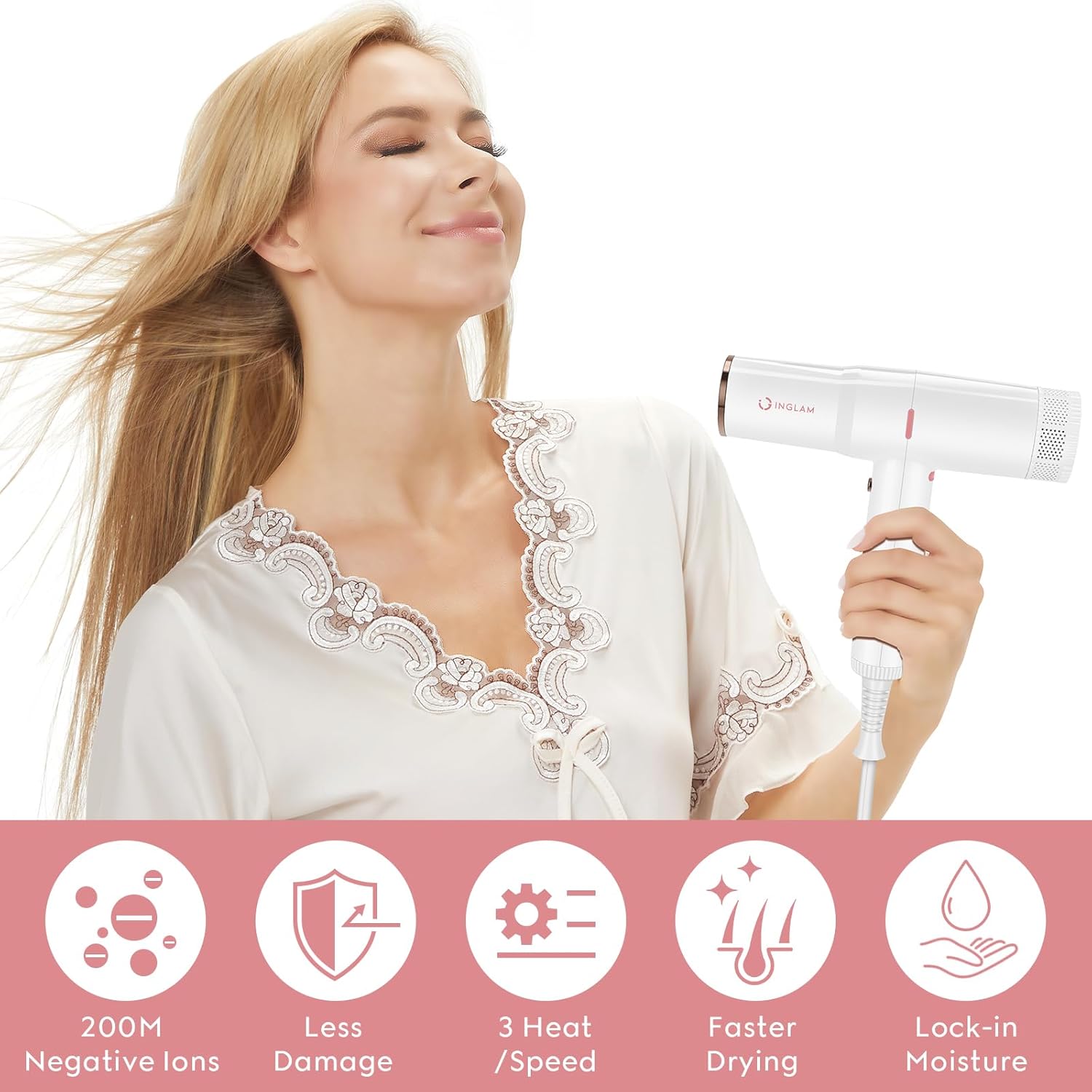 IG INGLAM Professional Ionic Lightweight Hair Dryer 110,000 RPM with 3 Heat Speed Settings - Image 3