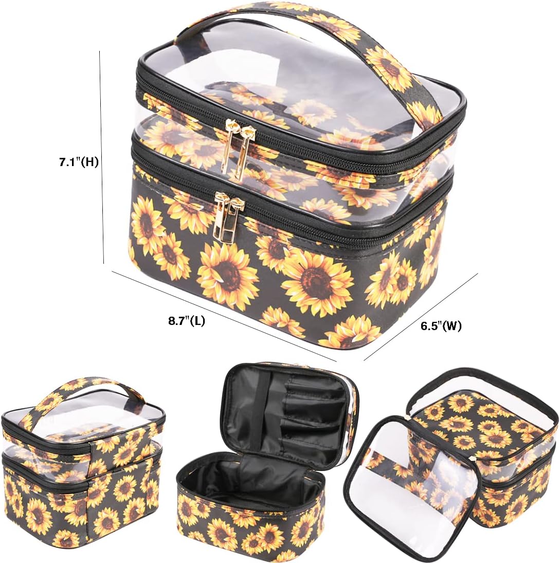 FITINI 3-Piece Waterproof Sunflower Makeup Bag Set Double Layer Travel Cosmetic Organizer Pouches for Women - Image 2