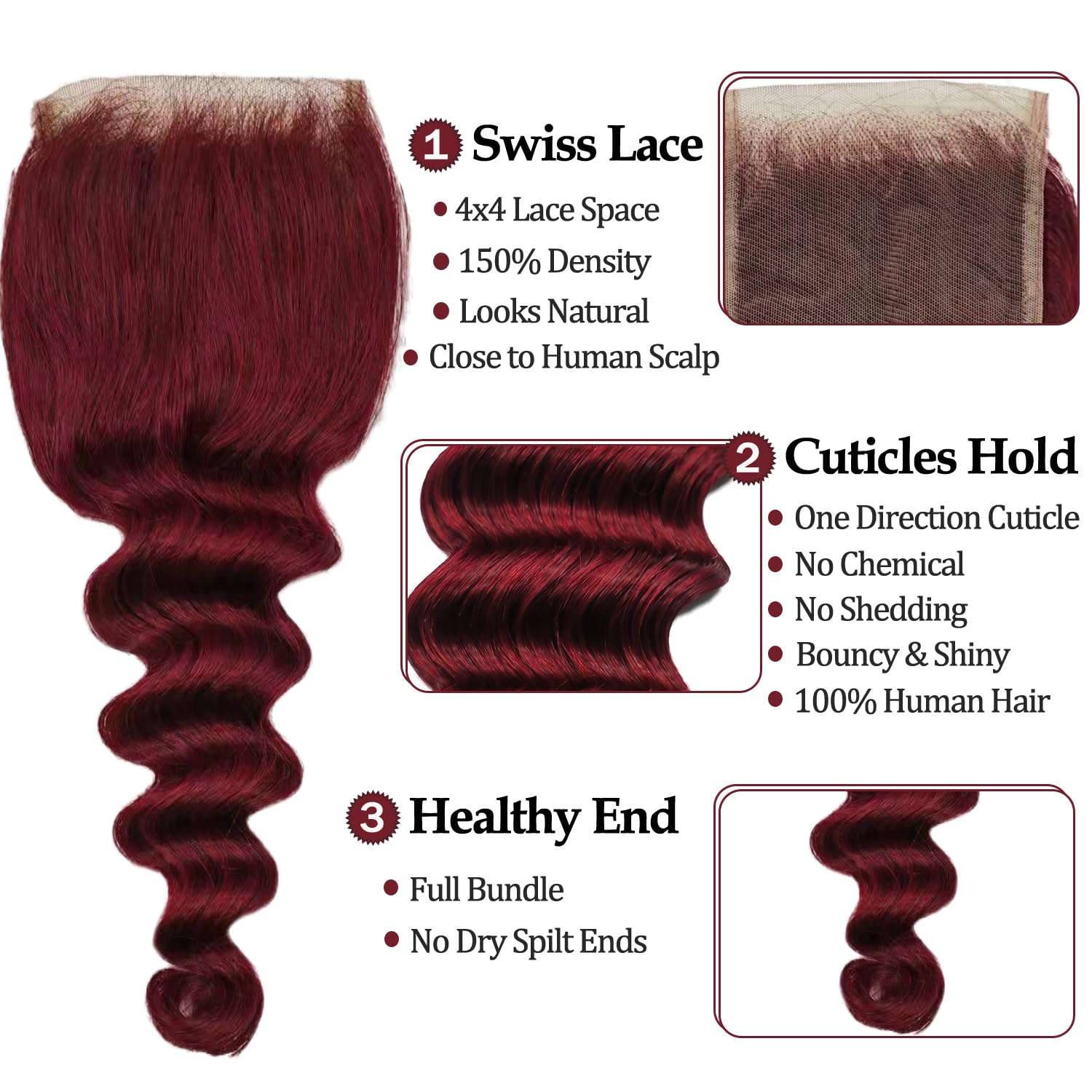 99J Burgundy Loose Deep Wave 100% Human Hair Bundles with 4x4 Lace Closure 20 Inch - Image 4