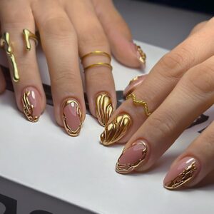 Almond Press on Nails Medium Fake Nails with 3D Relief Gold Chrome Design French Tip False Nails Gold Edge Glue on Nails Water Wave Artificial Stick on Nails for Women Girls Manicure Accessories